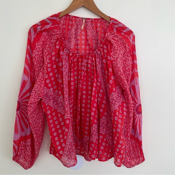 Free People Elena Red/Pink Cotton Floral Print Breezy Boho Long Sleeve S Small - Picture 4 of 13